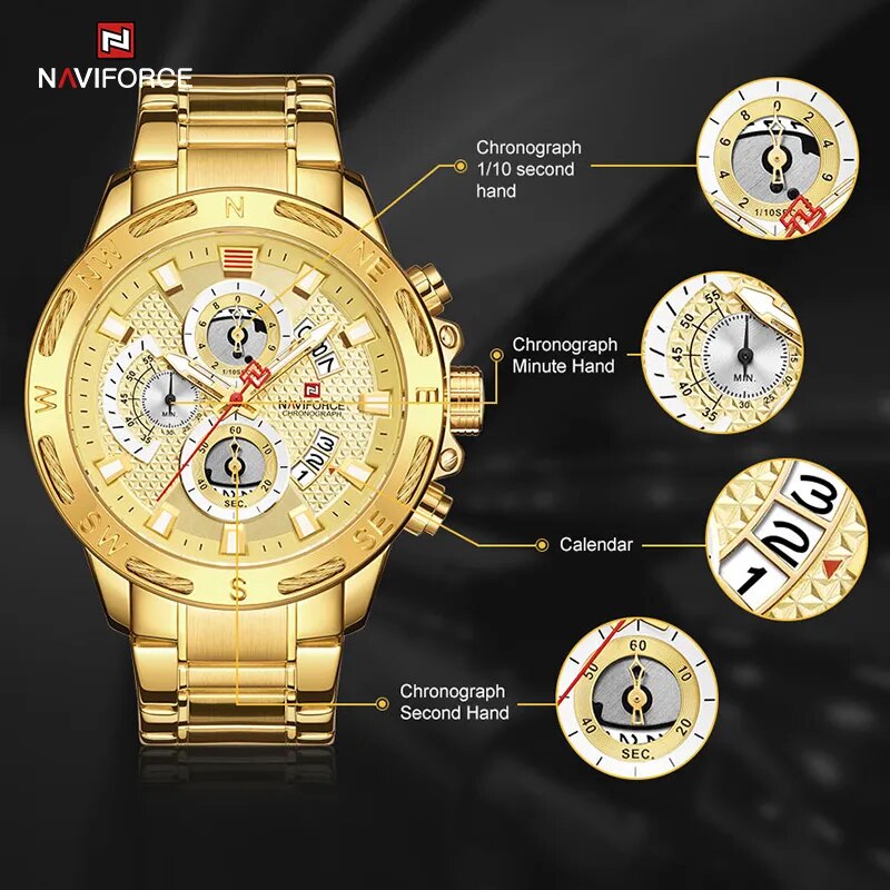 NAVIFORCE Mens Watches Sport Waterproof Stainless Steel Fashion Luxury Gold Watch Date Clock Quartz Wristwatch Relogio Masculino