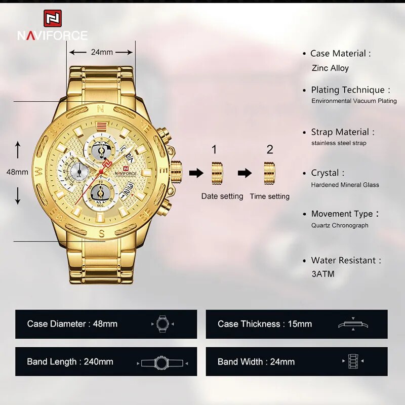 NAVIFORCE Mens Watches Sport Waterproof Stainless Steel Fashion Luxury Gold Watch Date Clock Quartz Wristwatch Relogio Masculino