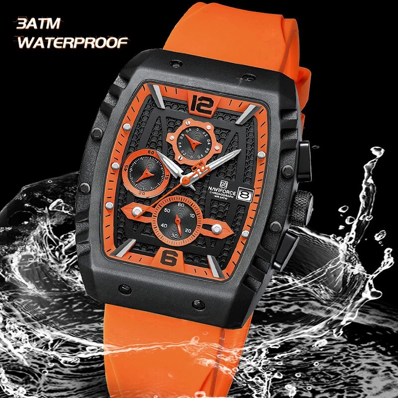 NAVIFORCE Creative Barrel-Shaped Dial Men Watches Fumed Silica Strap Waterproof Quartz Chronograph Date Display Male Wrist Watch