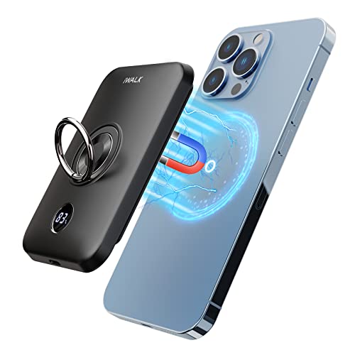 iWALK Magnetic Wireless Power Bank, 6000mAh Portable Charger with Finger Holder, Stronger Magnet Stick for Phone with Unique Mag-Suction Tech, Only Compatible with iPhone 15/14/13/12 Pro Max