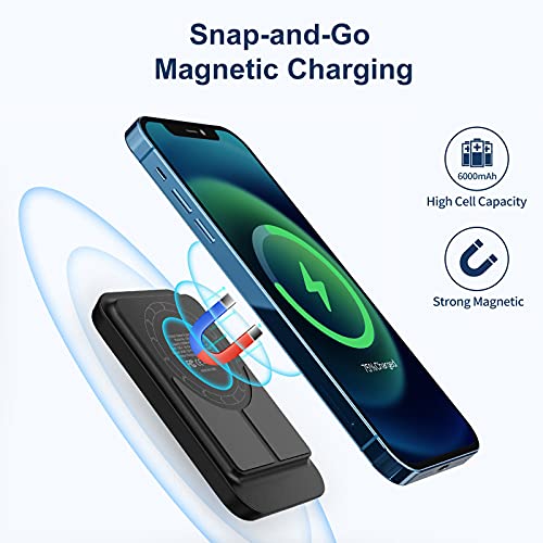 iWALK Magnetic Wireless Power Bank, 6000mAh Portable Charger with Finger Holder, Stronger Magnet Stick for Phone with Unique Mag-Suction Tech, Only Compatible with iPhone 15/14/13/12 Pro Max